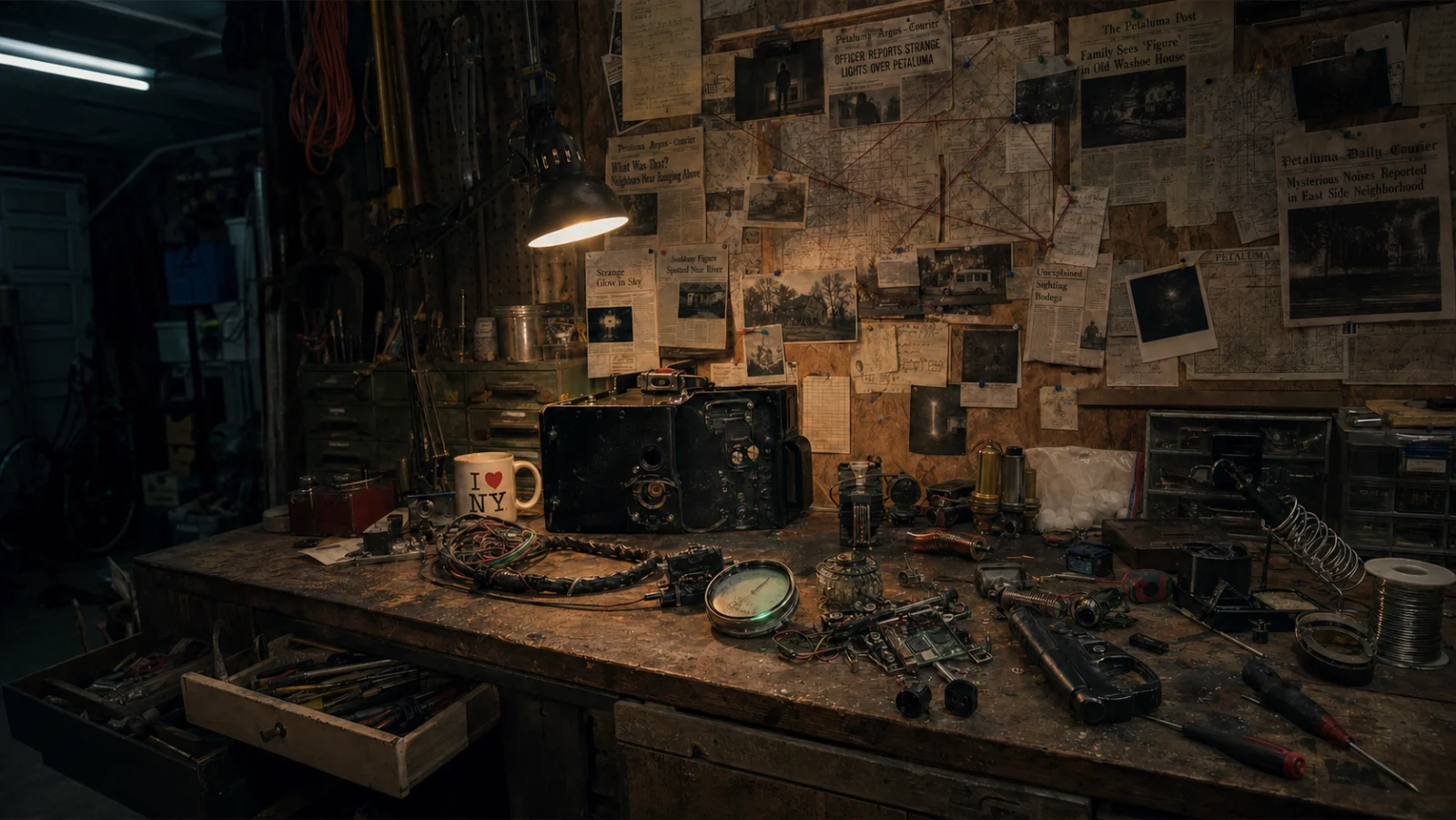 A dim garage workbench covered with unfamiliar electronic parts, local newspaper clippings, maps, an I heart New York mug, and a partly hidden marshmallow bag.