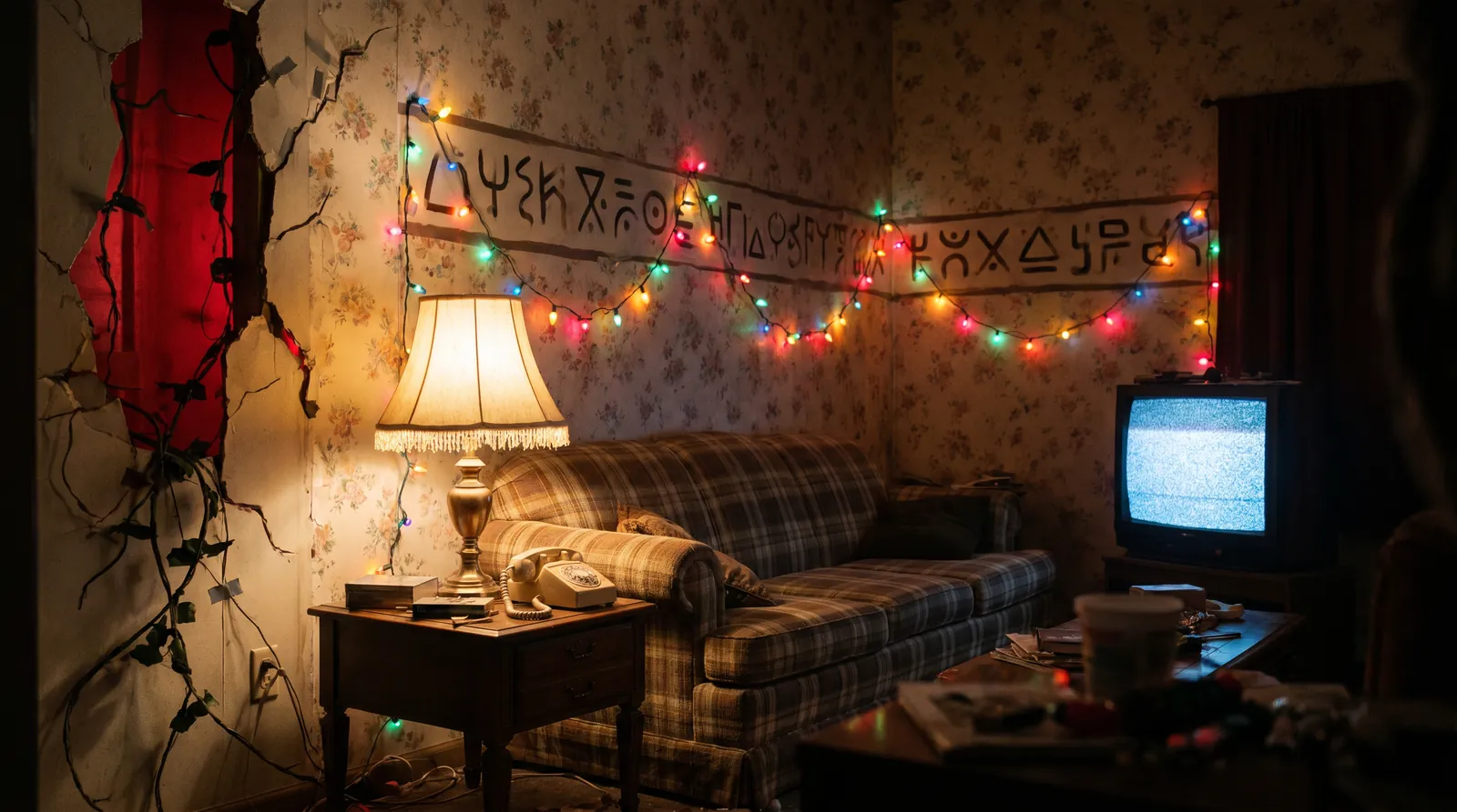 A 1980s living room strung with Christmas lights over a painted alphabet wall, a CRT television glowing static, and a red rupture with vines breaking through the far wall.