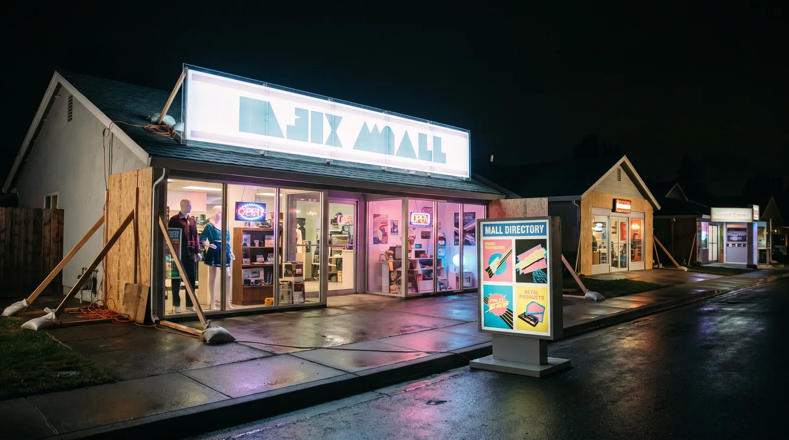 A suburban house front converted into a glowing 1980s mall storefront at night, with a mall directory sign at the curb and plywood bracing at the edges.
