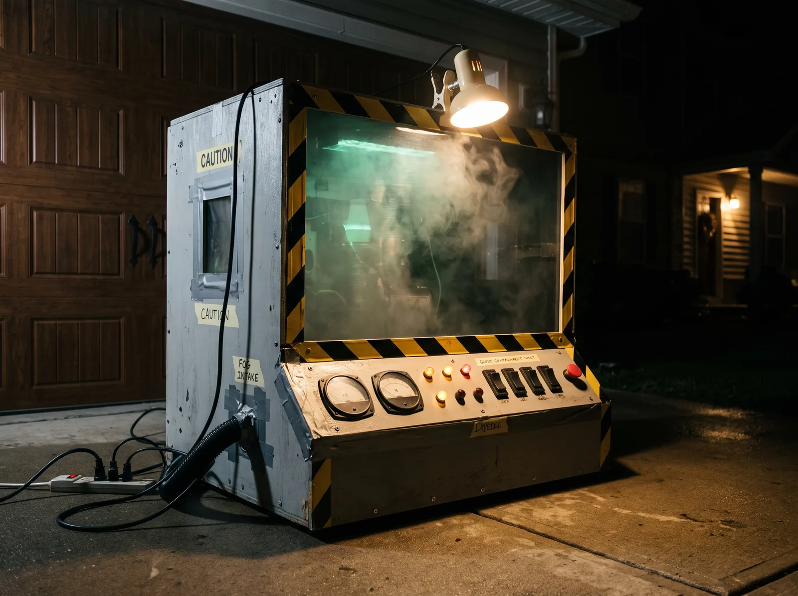 Wood-framed ghost containment unit standing on a driveway at night, its smoked window glowing green, gauges and toggle switches on the panel, cables running to a power strip.