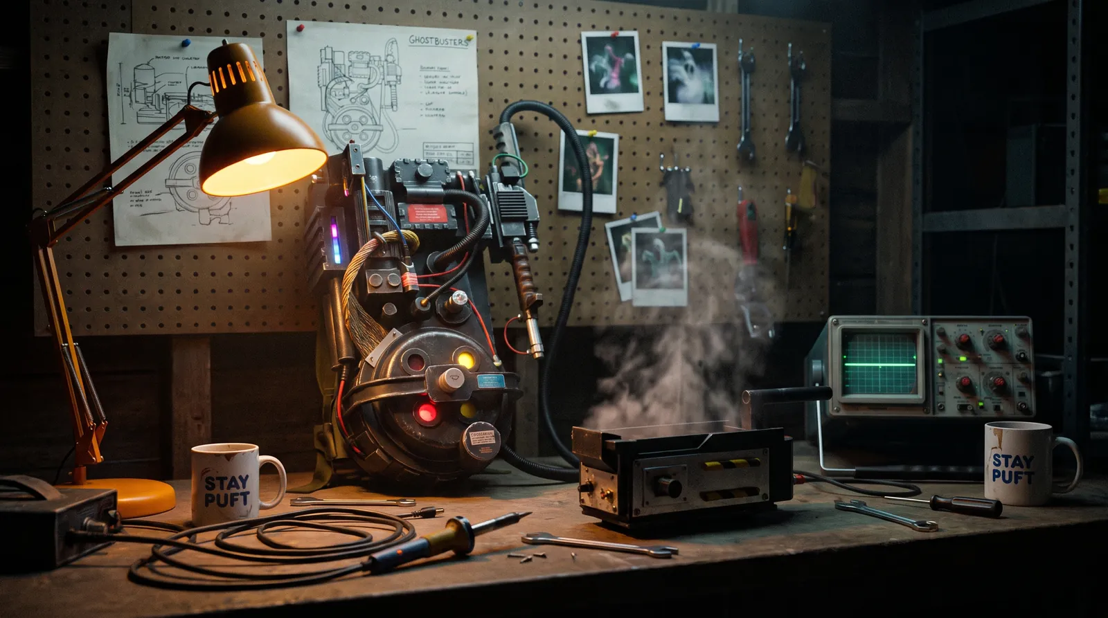 A garage workbench at night: a proton-pack-style prop under an amber work lamp, schematics pinned to the pegboard, tools and an oscilloscope.