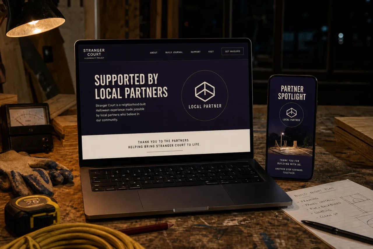 Concept example of a Local Partner acknowledgment on the Stranger Court website and a partner spotlight on a phone.