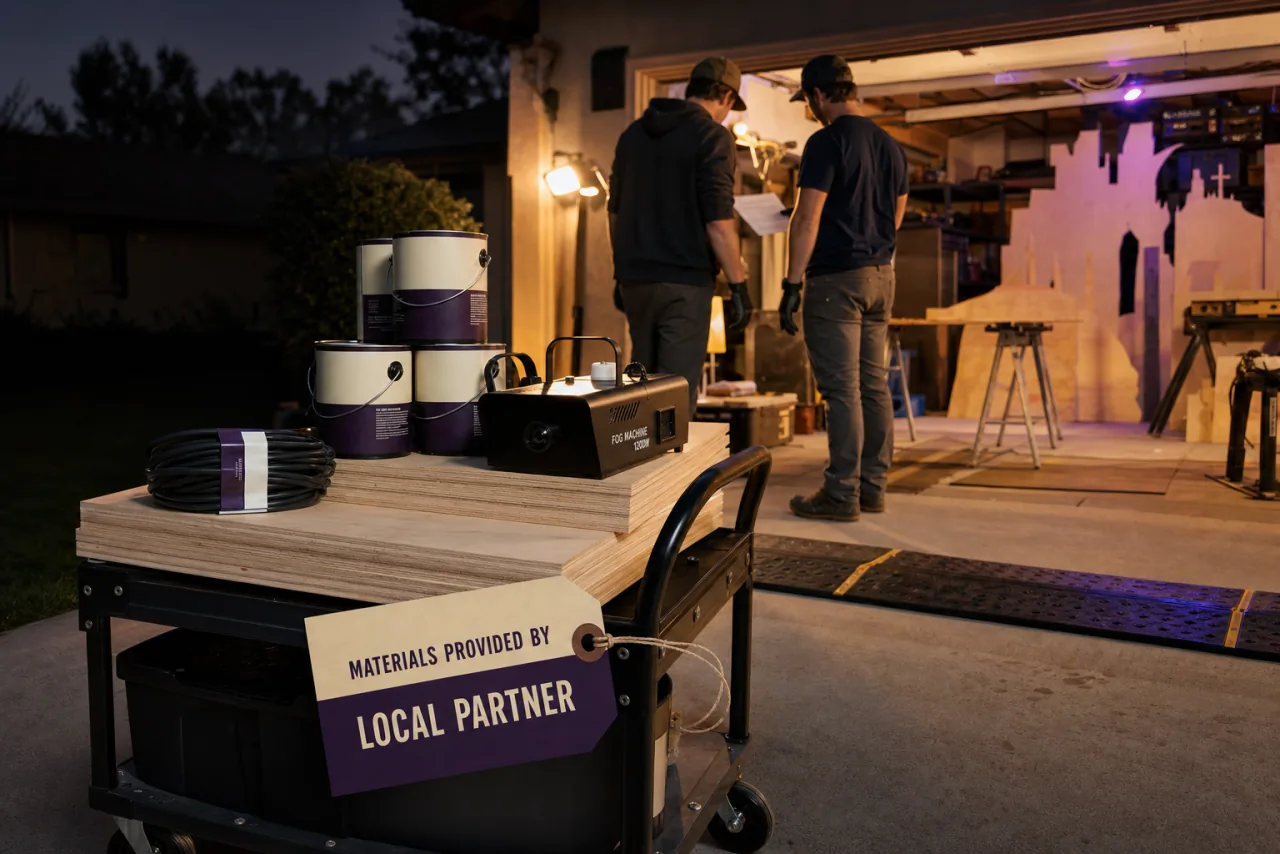 Concept example of plywood, paint, cable, and a fog machine tagged Materials Provided By Local Partner at build night.