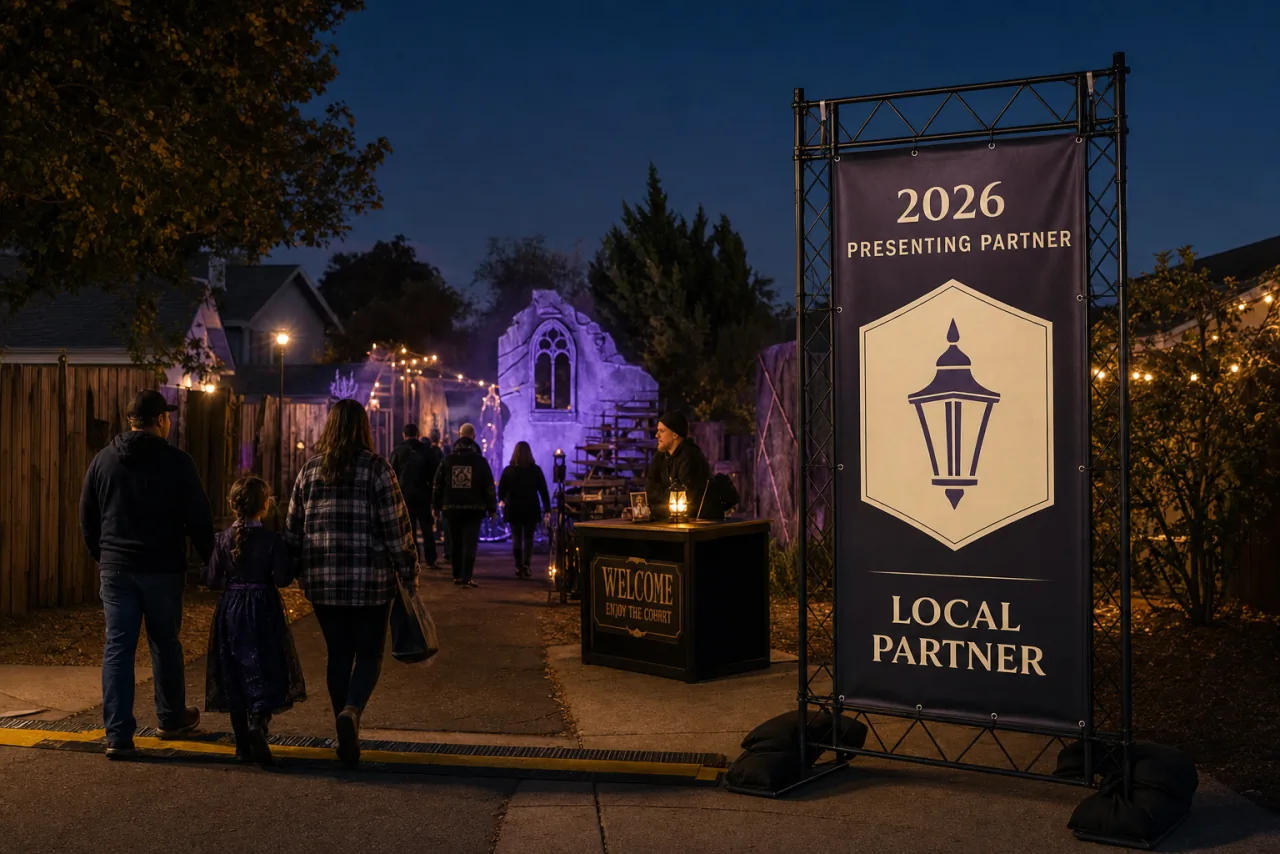 Concept example of a freestanding Presenting Partner banner beside the entrance to a neighborhood-built attraction.