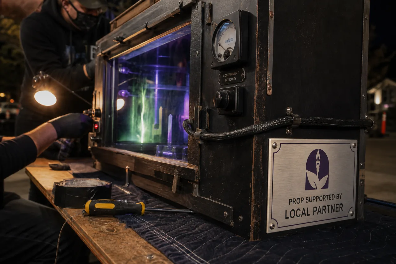 Concept example of a Local Partner aluminum plaque mounted to a handmade illuminated paranormal prop.